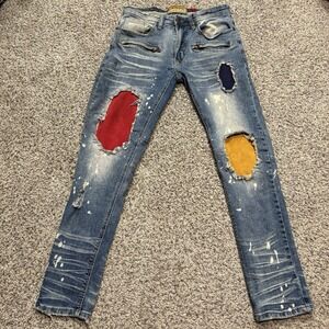 Makobi Distressed Paint Splatter Jeans Mens 32x32 Moto Ripped Streetwear Denim